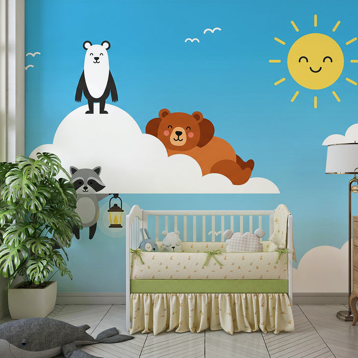 Nursery Wallpaper | Cute Animals in the Clouds with a Sunny Blue Sky
