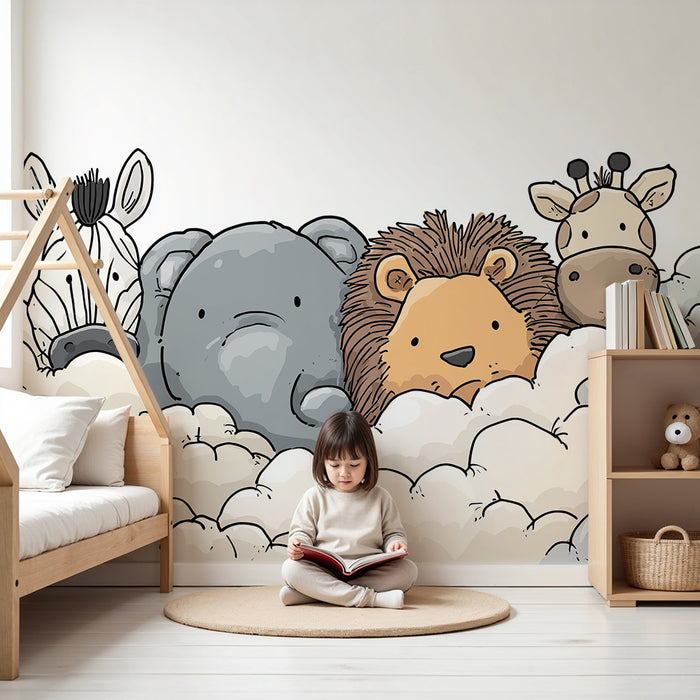 Papel de parede quarto bebê | Χαριτωμένα ζώα σε μια συννεφιά γλυκιάς
