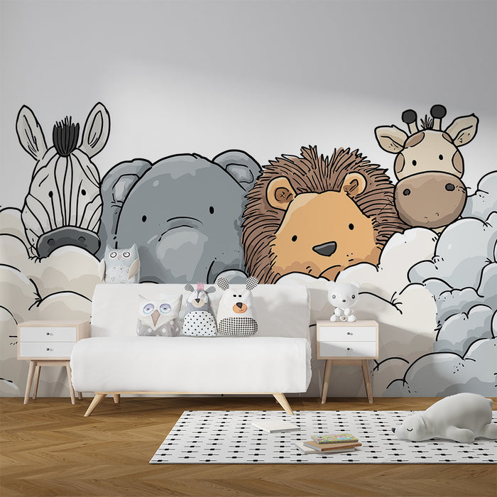 Papel de parede quarto bebê | Χαριτωμένα ζώα σε μια συννεφιά γλυκιάς