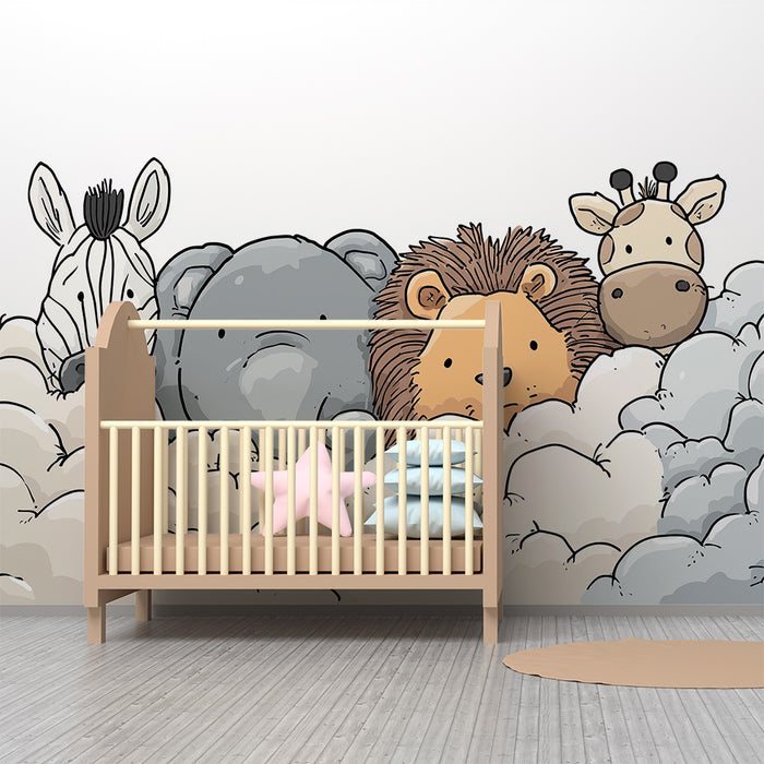 Papel de parede quarto bebê | Χαριτωμένα ζώα σε μια συννεφιά γλυκιάς