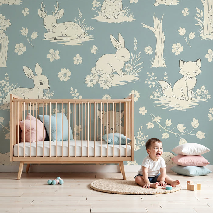 Papel pintado para habitación de bebé | Animales adorables en un paisaje floral relajante