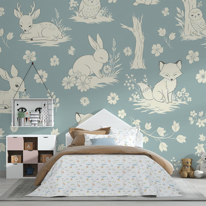 Papel pintado para habitación de bebé | Animales adorables en un paisaje floral relajante