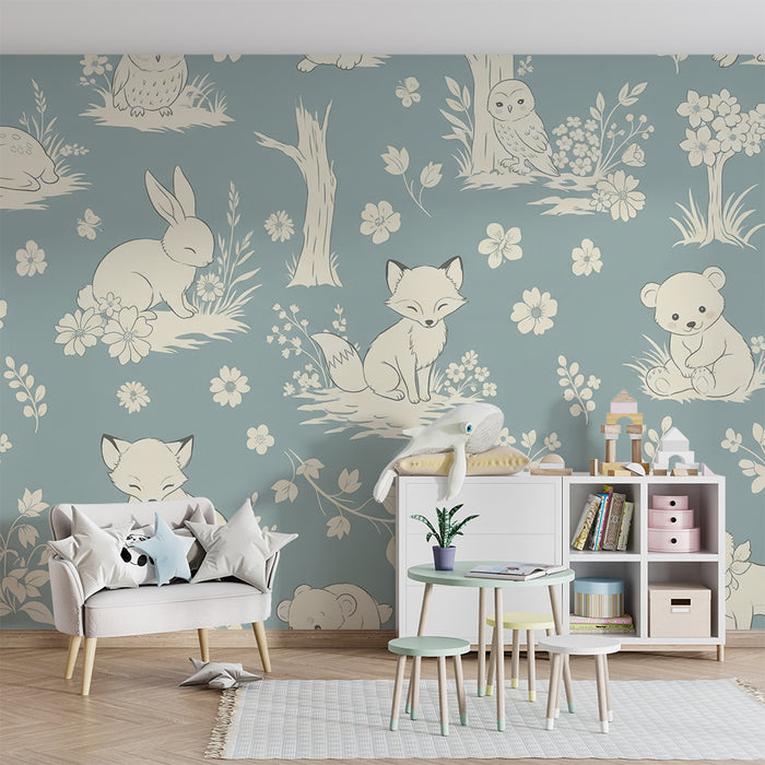 Papel pintado para habitación de bebé | Animales adorables en un paisaje floral relajante