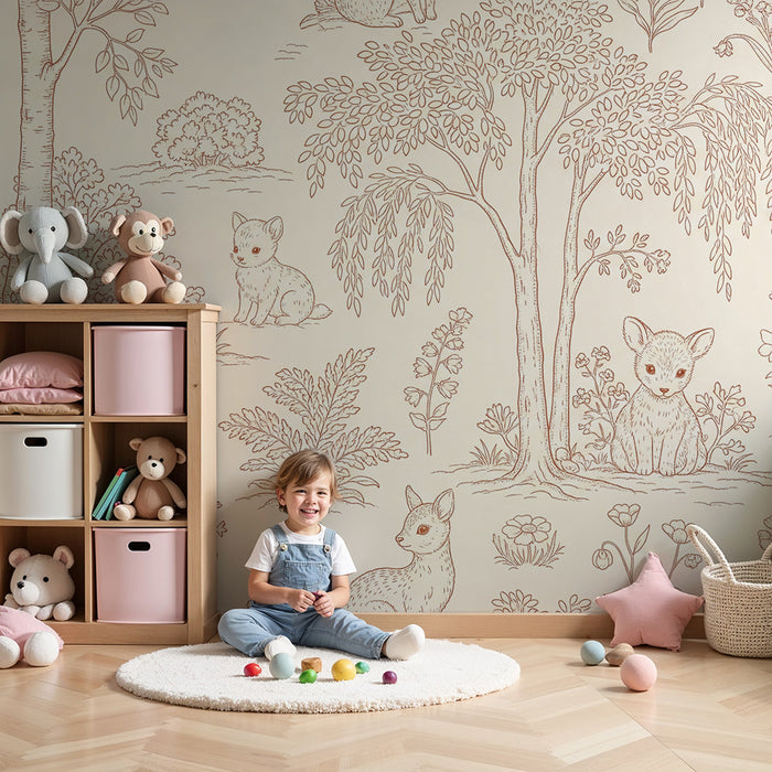 Papier peint chambre bébé | Animaux mignons dans un paysage floral délicat