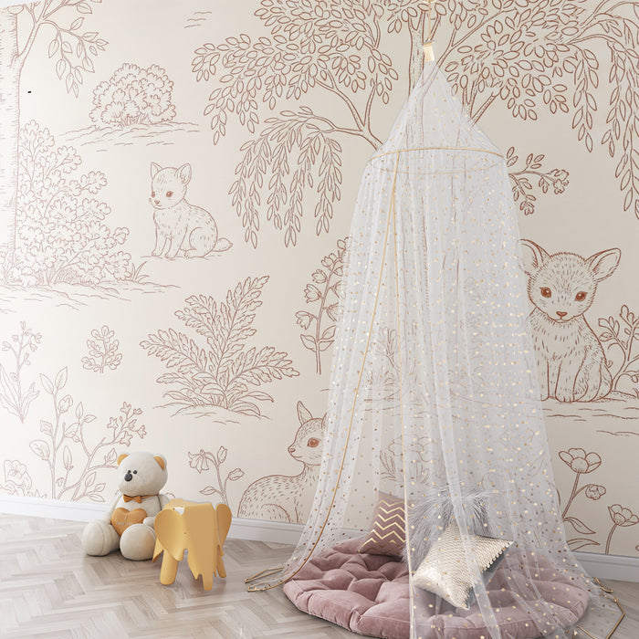 Papier peint chambre bébé | Animaux mignons dans un paysage floral délicat