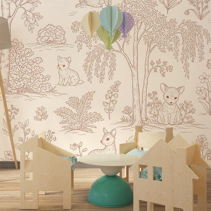 Papier peint chambre bébé | Animaux mignons dans un paysage floral délicat