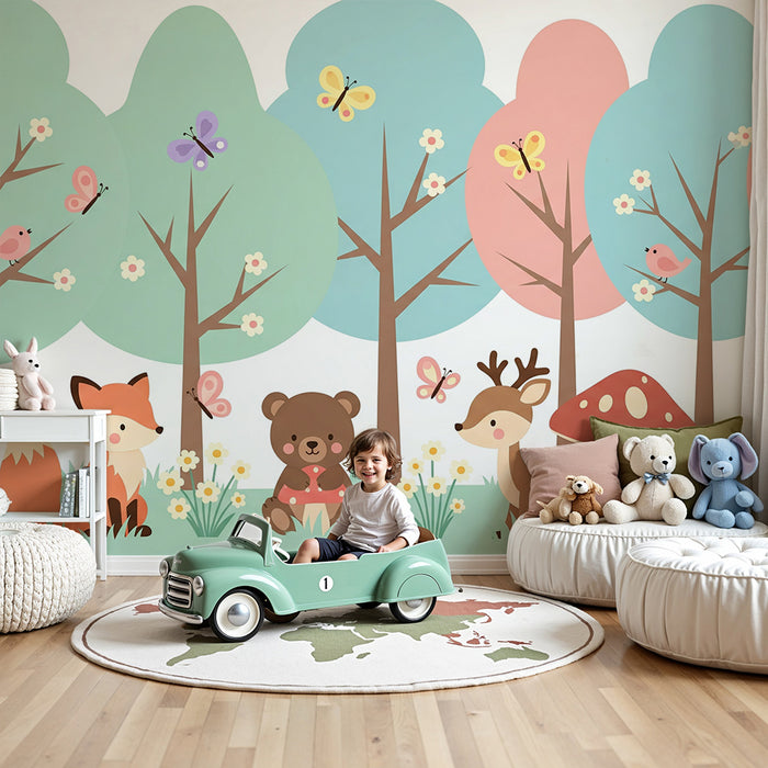 Papier peint chambre bébé | Animaux mignons dans une forêt colorée avec fleurs et papillons