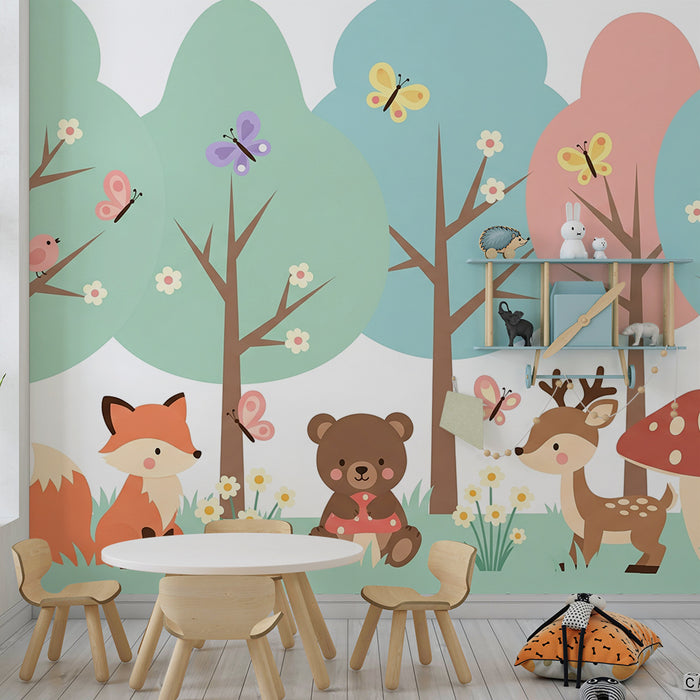 Papier peint chambre bébé | Animaux mignons dans une forêt colorée avec fleurs et papillons
