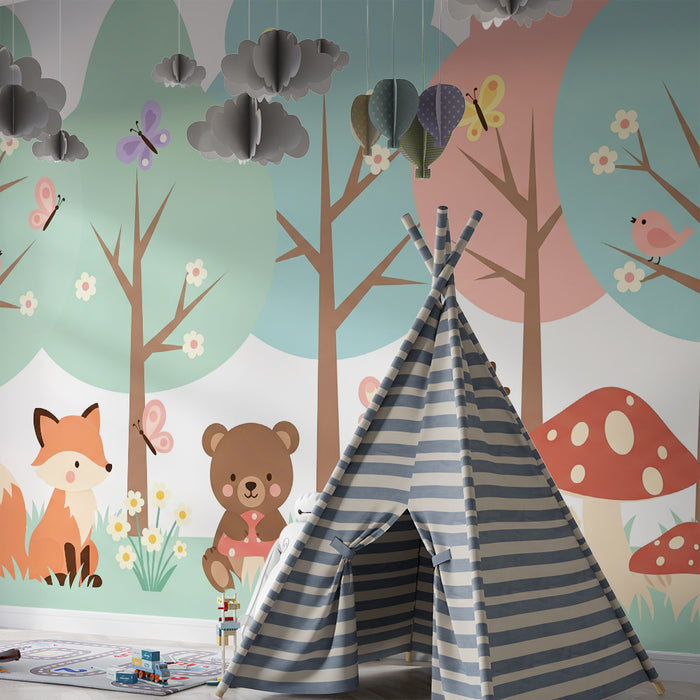 Papier peint chambre bébé | Animaux mignons dans une forêt colorée avec fleurs et papillons