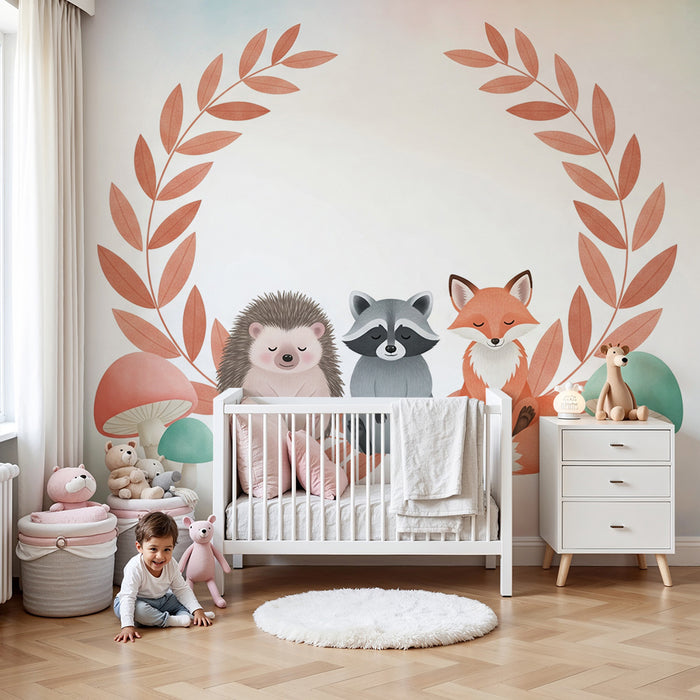 Tapet barnerom | Søte skogsdyr med fargerike sopp