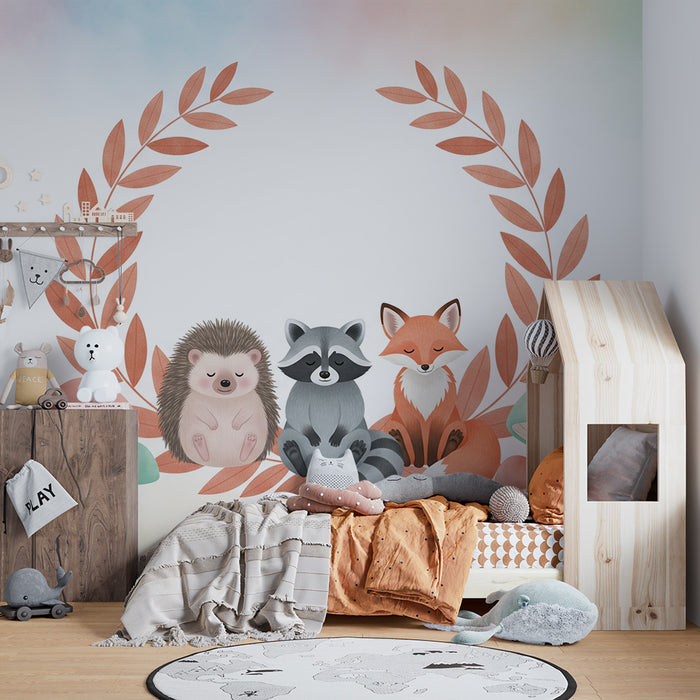 Tapet barnerom | Søte skogsdyr med fargerike sopp