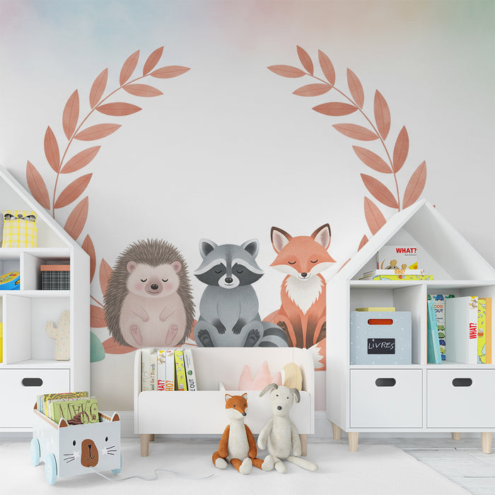 Tapet barnerom | Søte skogsdyr med fargerike sopp