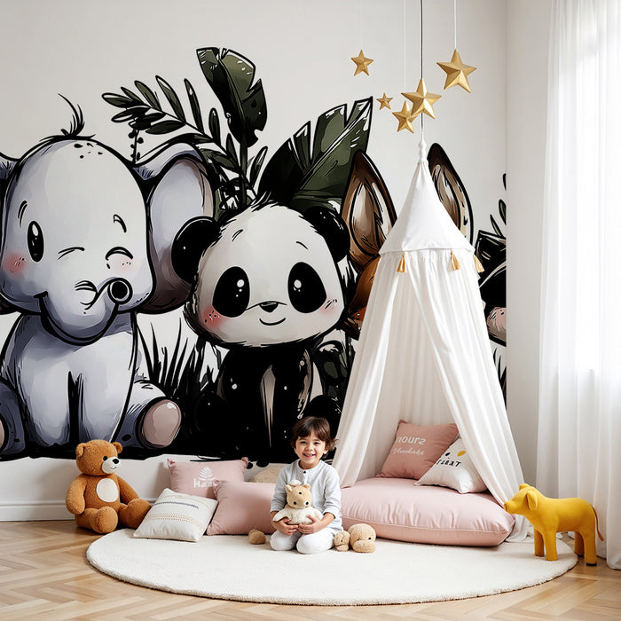 Lastenhuoneen tapetti | Söpöt metsän eläimet trooppisten lehtien kanssa