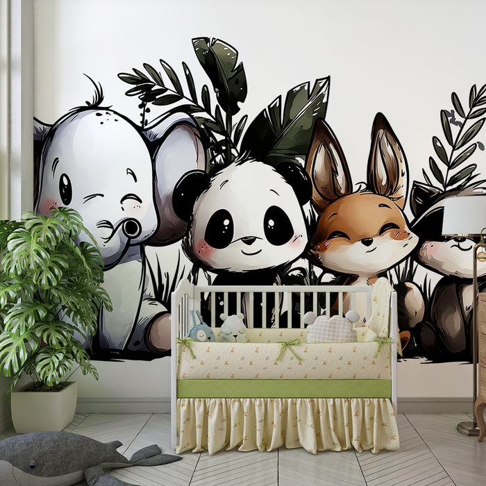 Lastenhuoneen tapetti | Söpöt metsän eläimet trooppisten lehtien kanssa