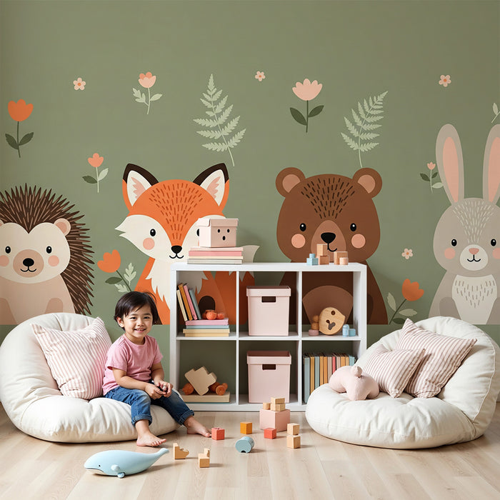 Papier peint chambre bébé | Animaux mignons de la forêt avec fleurs délicates