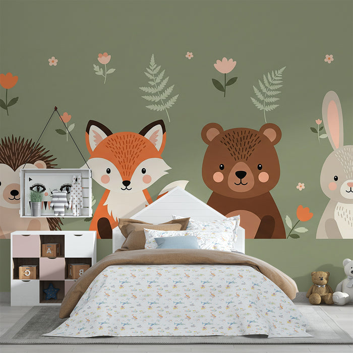 Papier peint chambre bébé | Animaux mignons de la forêt avec fleurs délicates