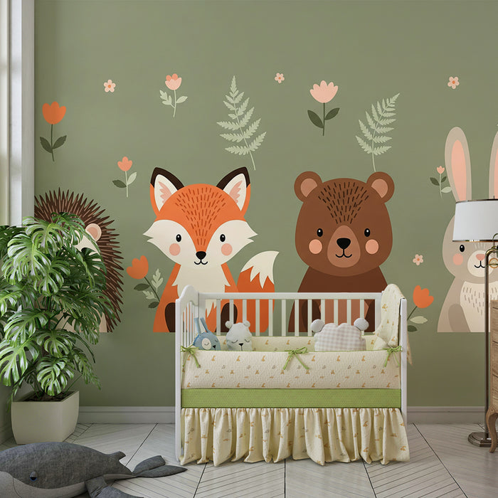 Papier peint chambre bébé | Animaux mignons de la forêt avec fleurs délicates