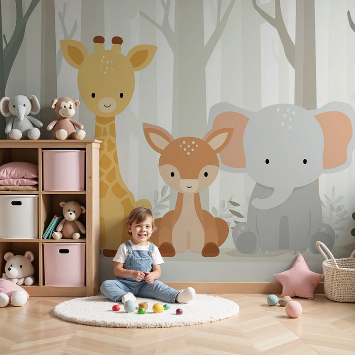Nursery room wallpaper | Cute forest animals with giraffe, fawn, and elephant
