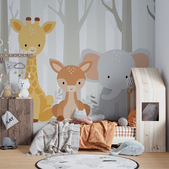 Nursery room wallpaper | Cute forest animals with giraffe, fawn, and elephant