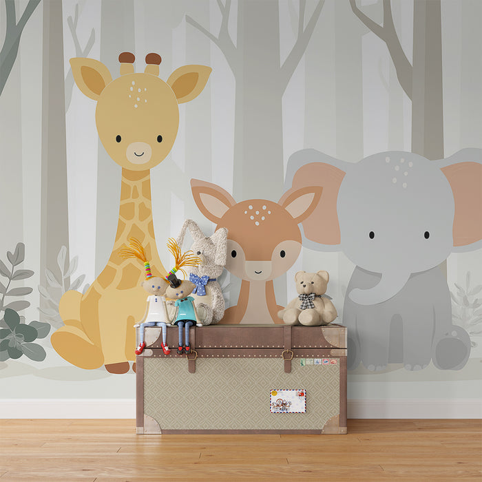 Nursery room wallpaper | Cute forest animals with giraffe, fawn, and elephant