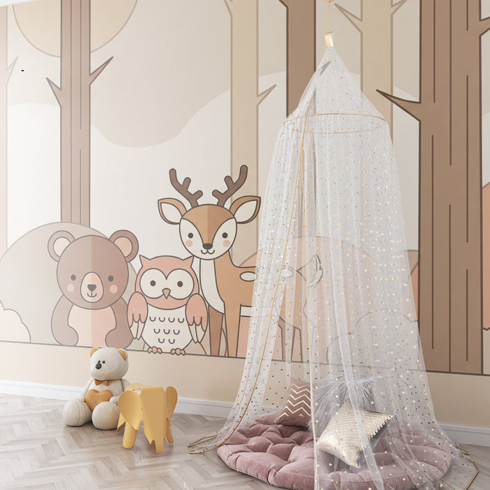 Tapeta do detskej izby | Rozkošné lesné zvieratká s medveďom, sovou a jelenom