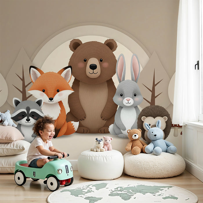 Papier peint chambre bébé | Animaux mignons de la forêt avec un ours, un renard et un lapin