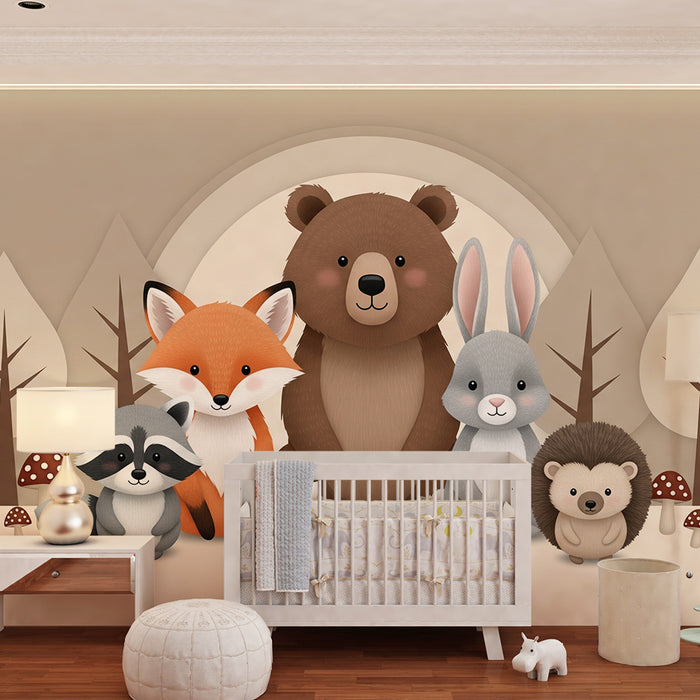 Papier peint chambre bébé | Animaux mignons de la forêt avec un ours, un renard et un lapin