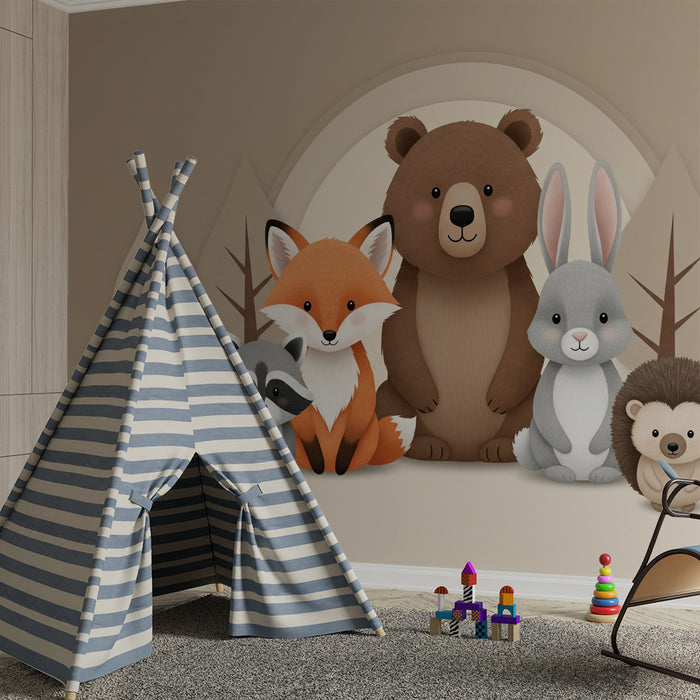 Papier peint chambre bébé | Animaux mignons de la forêt avec un ours, un renard et un lapin