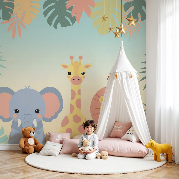 Barntapet | Söta djungeldjur med färgglada blad