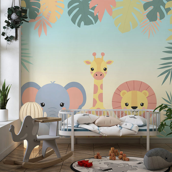 Barntapet | Söta djungeldjur med färgglada blad
