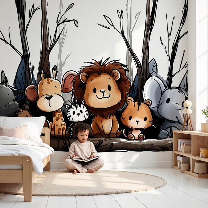Nursery room wallpaper | Cute jungle animals surrounded by foliage