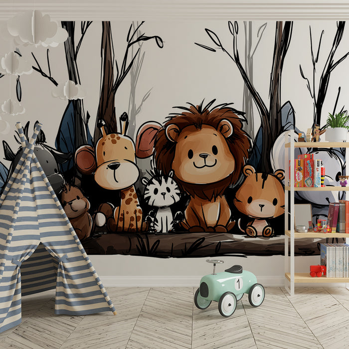 Nursery room wallpaper | Cute jungle animals surrounded by foliage