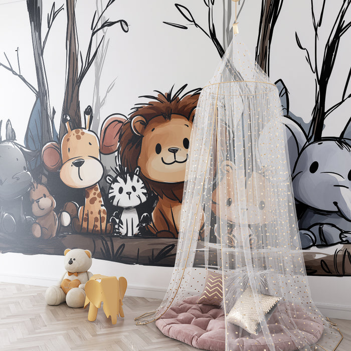 Nursery room wallpaper | Cute jungle animals surrounded by foliage