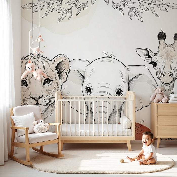 Papier peint chambre bébé | Animaux mignons de la savane
