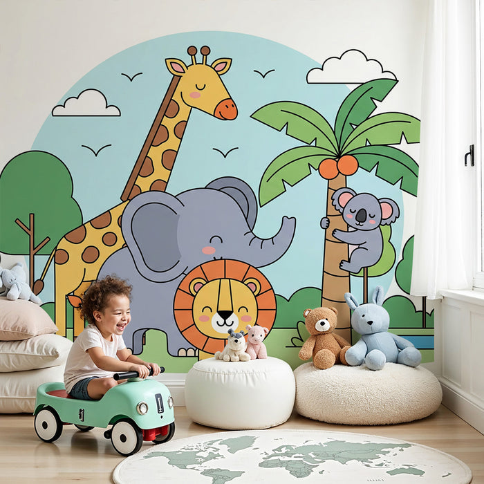 Papel de parede quarto bebê | Animais fofos da savana com elefante, girafa e koala