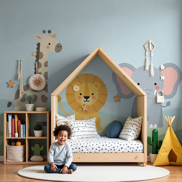 Papier peint chambre bébé | Animaux mignons de la savane avec girafe, lion et éléphant