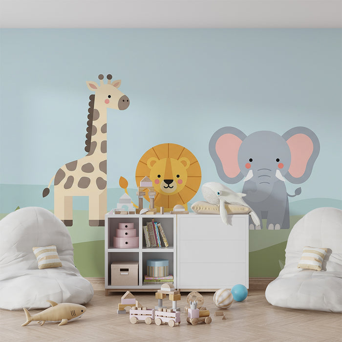 Papier peint chambre bébé | Animaux mignons de la savane avec girafe, lion et éléphant