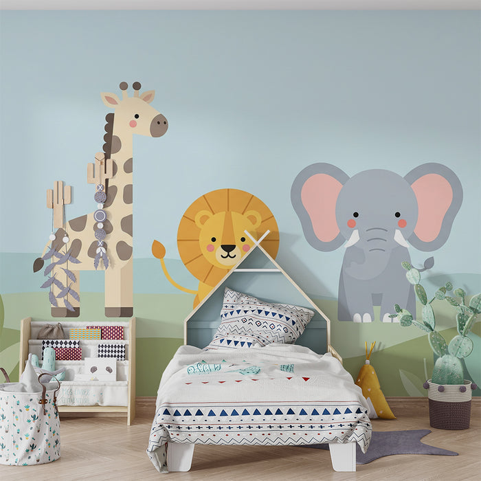 Papier peint chambre bébé | Animaux mignons de la savane avec girafe, lion et éléphant