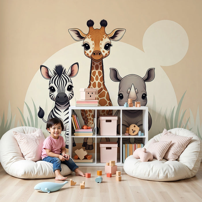 Papier peint chambre bébé | Animaux mignons de la savane avec girafe, zèbre et rhinocéros
