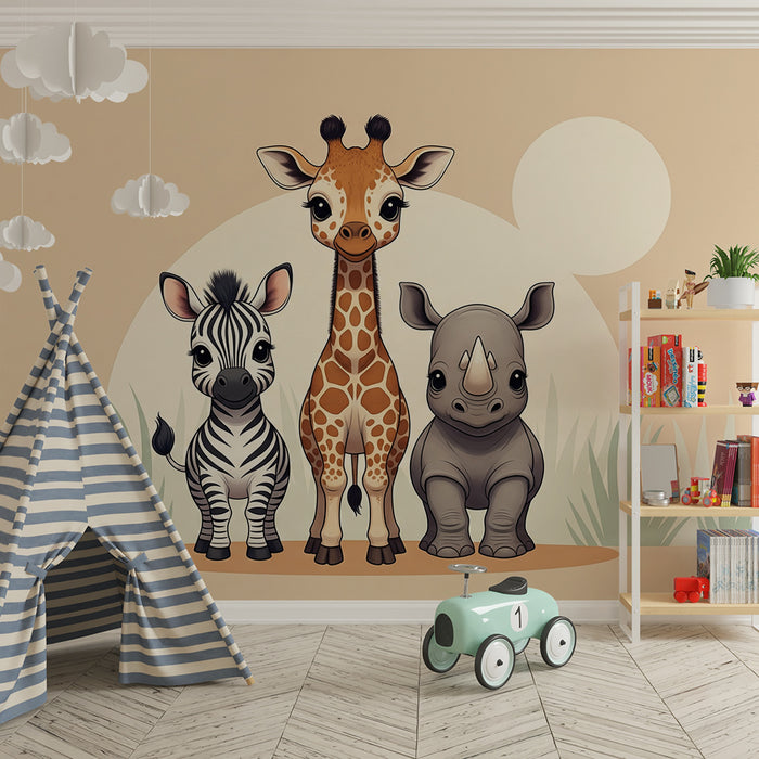 Papier peint chambre bébé | Animaux mignons de la savane avec girafe, zèbre et rhinocéros