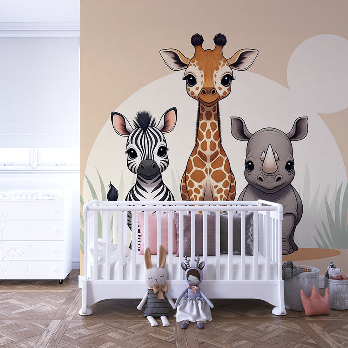 Papier peint chambre bébé | Animaux mignons de la savane avec girafe, zèbre et rhinocéros