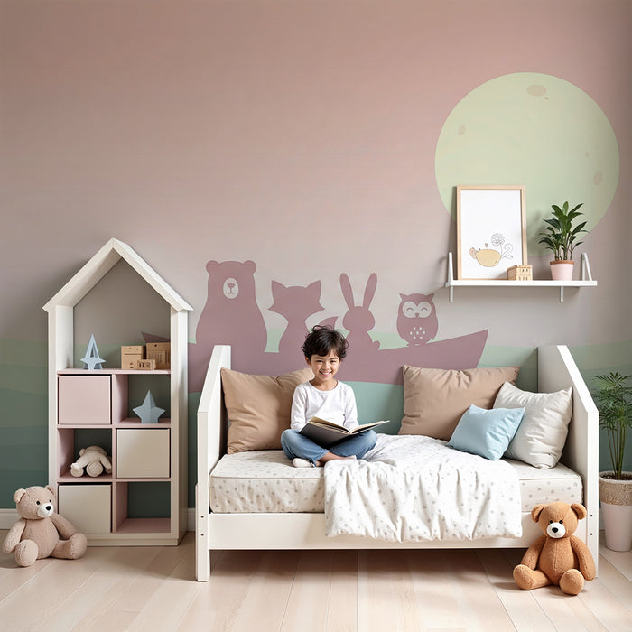 Papier peint chambre bébé | Animaux mignons en bateau sous la lune