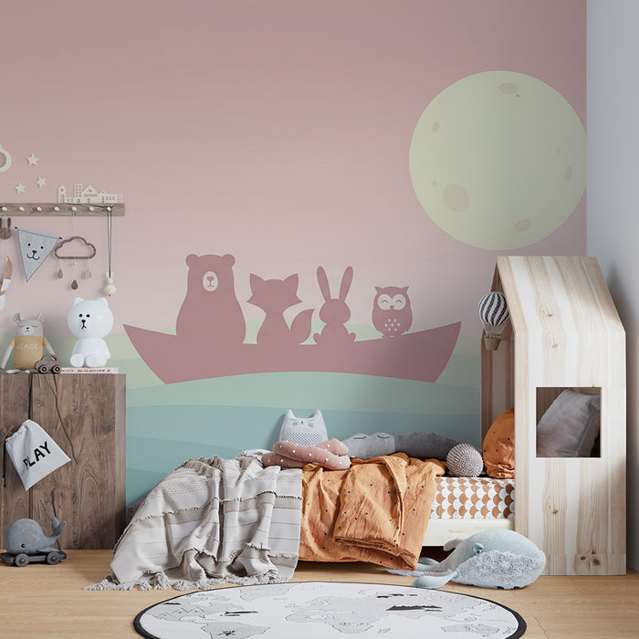 Papier peint chambre bébé | Animaux mignons en bateau sous la lune