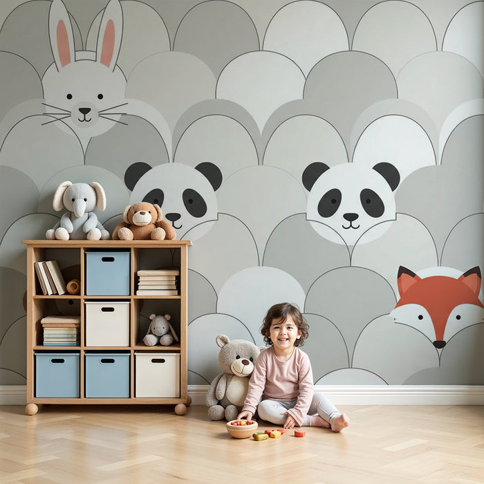 Nursery room wallpaper | Cute animals in gray and white with a little monkey