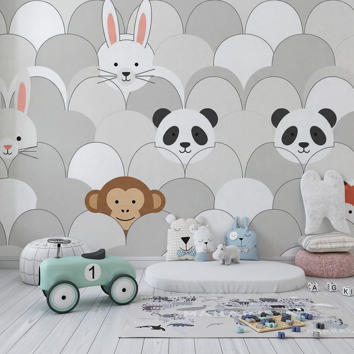 Nursery room wallpaper | Cute animals in gray and white with a little monkey
