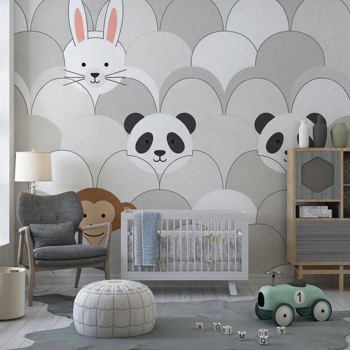 Nursery room wallpaper | Cute animals in gray and white with a little monkey
