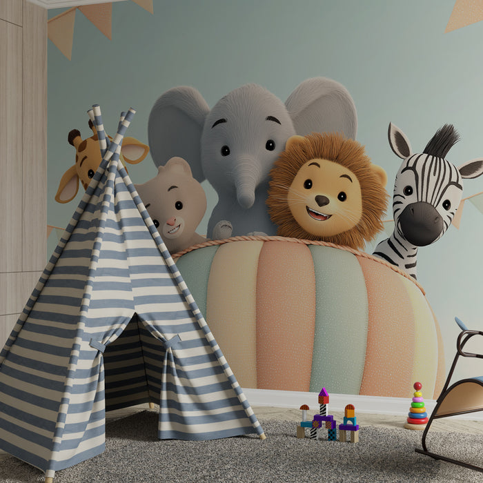 Babykamer behang | Schattige dieren in luchtballon