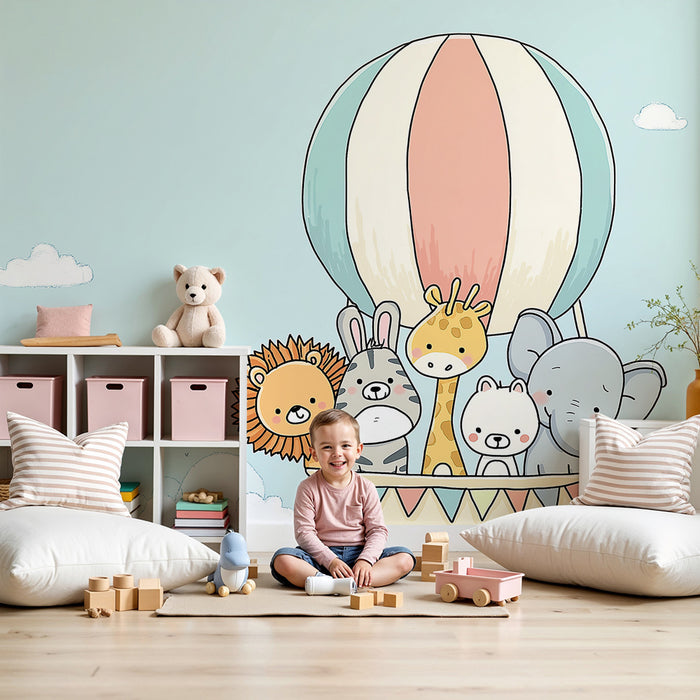 Papel pintado infantil | Lindos animales en globo aerostático en un cielo azul