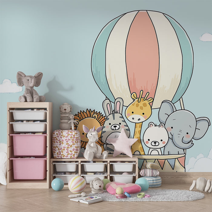 Papel pintado infantil | Lindos animales en globo aerostático en un cielo azul