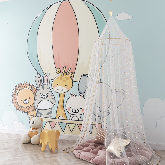 Papel pintado infantil | Lindos animales en globo aerostático en un cielo azul